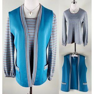 Vintage Blue Striped Top and Teal Vest Set